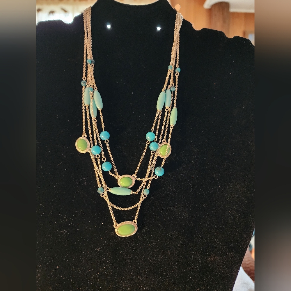 STUNNING Multi-Strand Silver Tone Necklace with Aqua & Green Beads